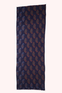 Indigo Paisley Print Twill Weave Wool Scarf - Blue Multi | SVEŽElife