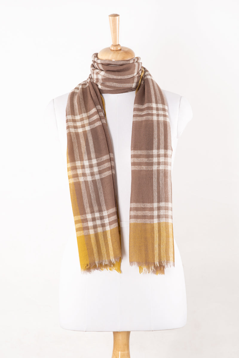 SVEZE Yarn Dyed Windowpane Checks Twill Weave Merino Wool Scarf - Beige Ochre - Alternate Drape