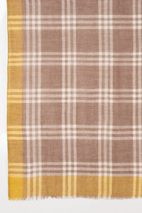SVEZE Yarn Dyed Windowpane Checks Twill Weave Merino Wool Scarf - Beige Ochre - Flat Look