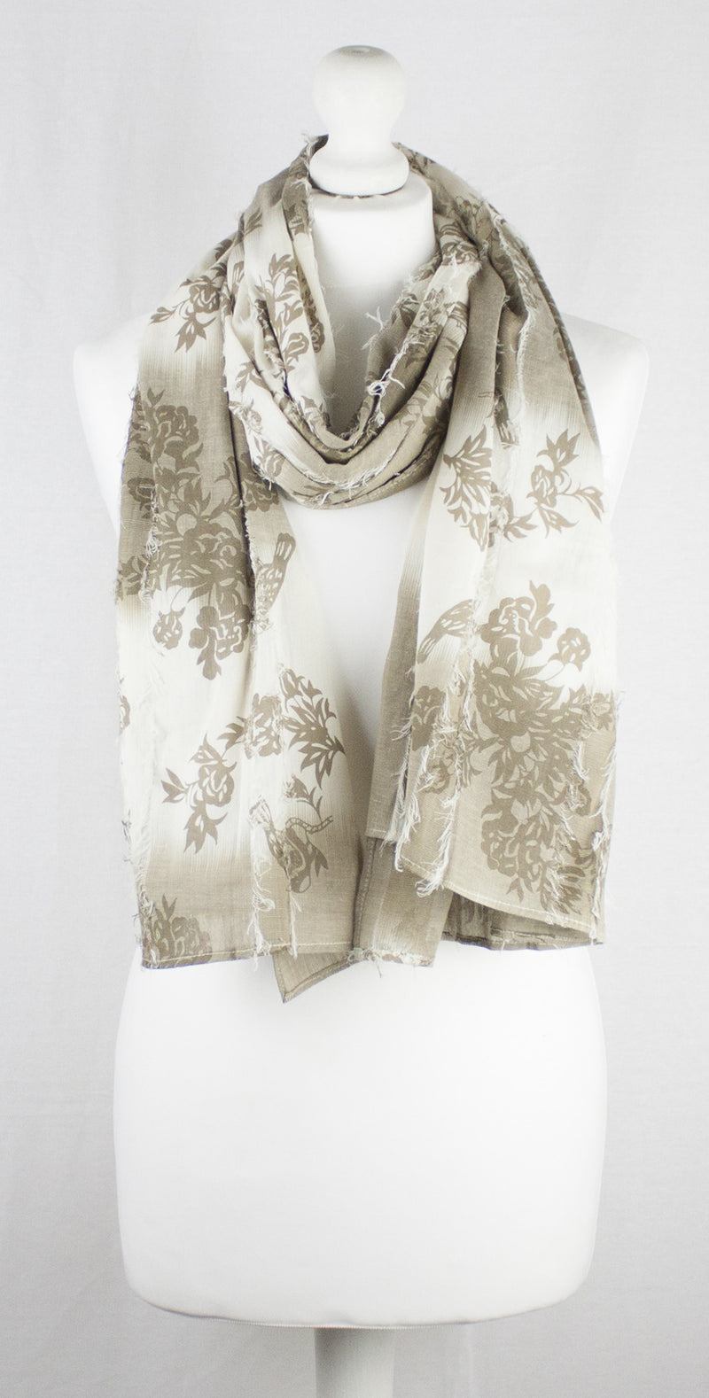 Frayed Stripes Printed Cotton Scarf -  Off- White Beige