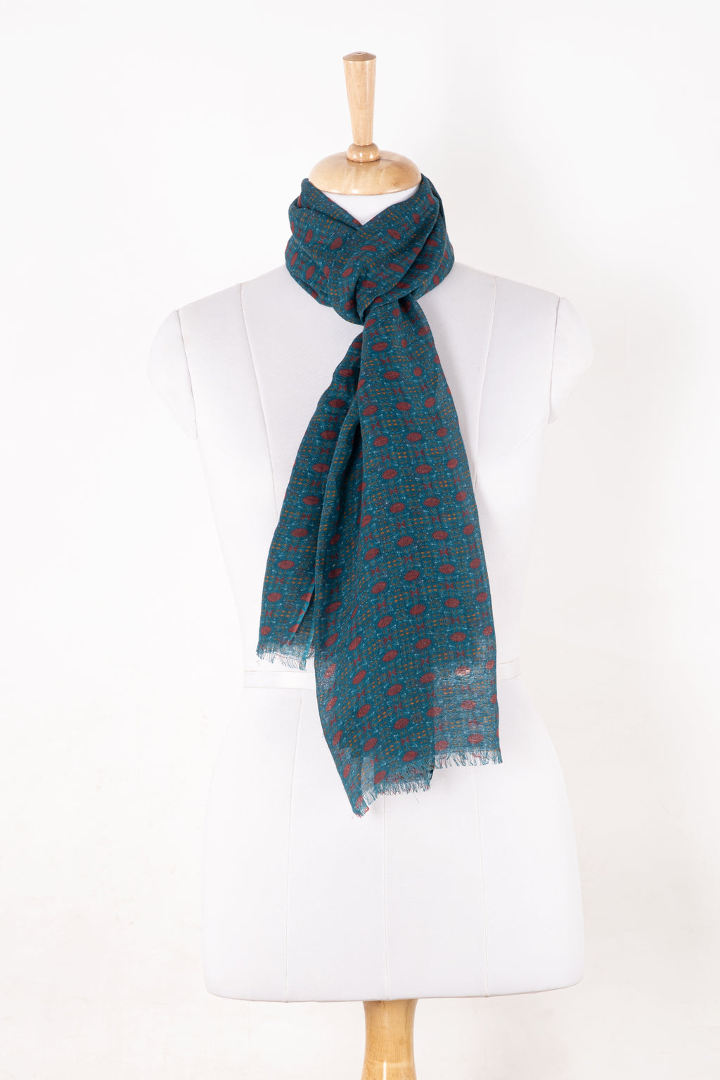 SVEZE Tile Print Linen Cotton Scarf - Navy Red - Regular Drape