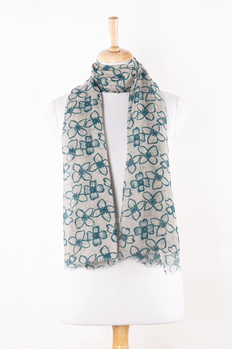 SVEZE Flower Print Linen Cotton Scarf - Blue - Alternate Drape