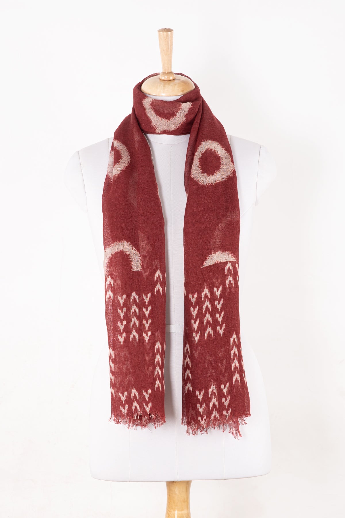 SVEZE Circle and Chevron Square Print Linen Cotton Scarf - Terracotta - Alternate Drape