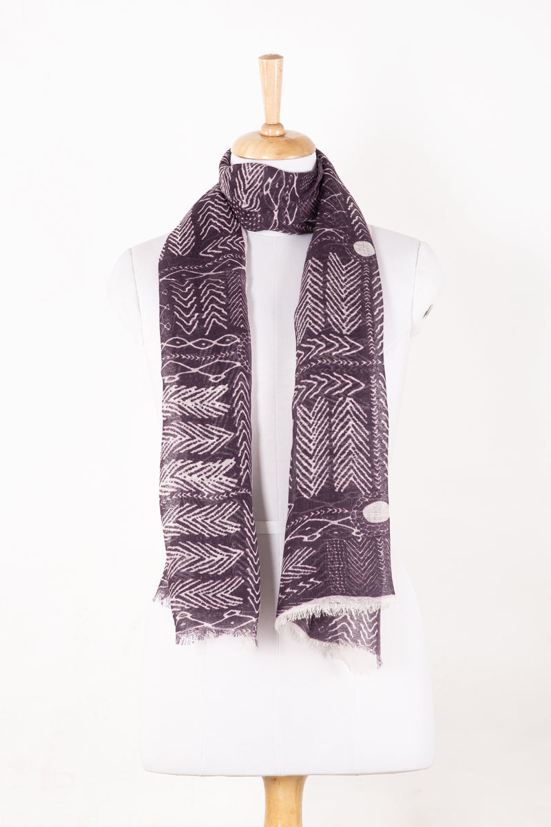 SVEZE Tribal Print Linen Cotton Scarf - Plum - Alternate Drape