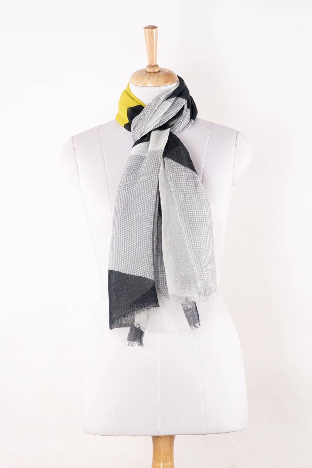 Sveze - Abstract Geometry Print Linen Cotton Scarf - Grey Black Lime - Alternate Drape