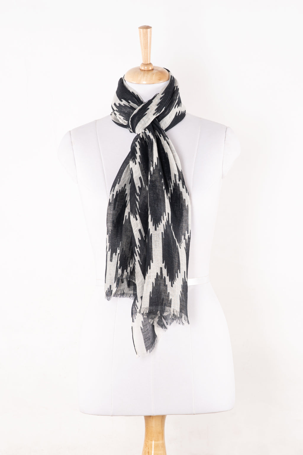 SVEZE Ikat Printed Linen Scarf - Black White - Regular Drape