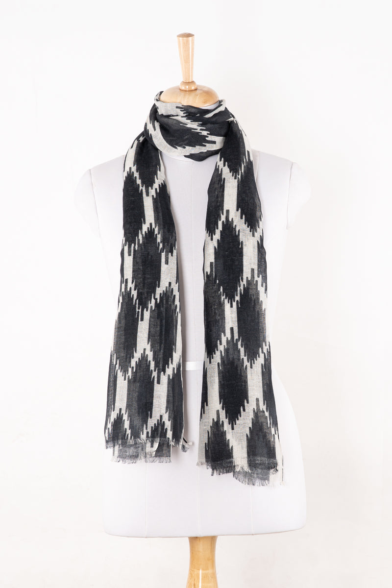 SVEZE Ikat Printed Linen Scarf - Black White - Alternate Drape