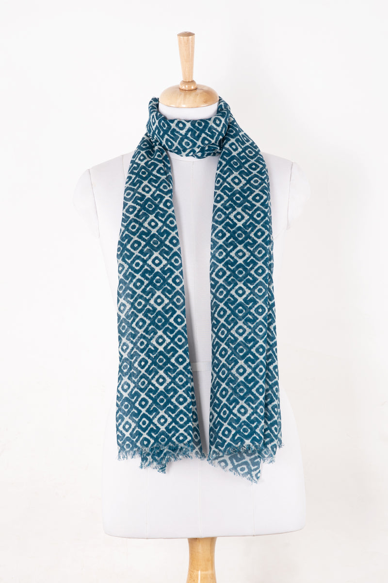 Sveze - Tribal Tile Print Linen Cotton Scarf - Teal - Regular Drape