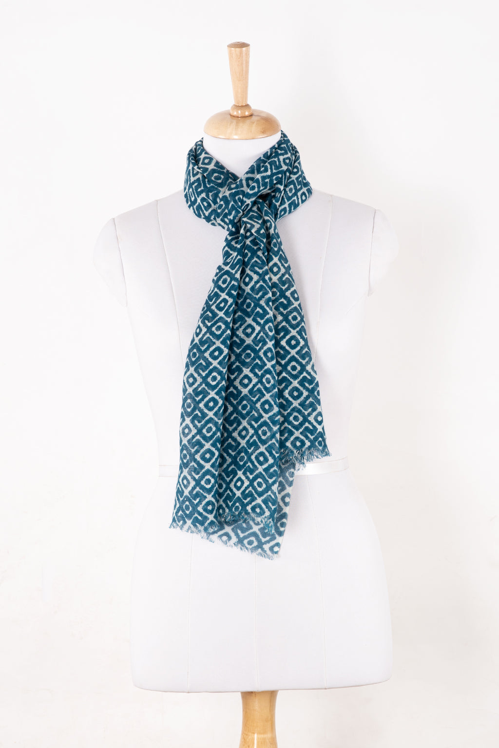 Sveze - Tribal Tile Print Linen Cotton Scarf - Teal - Alternate Drape