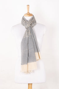 SVEZE Floral and Chevron Print Cotton Scarf - Dark Night Ecru - Regular Drape