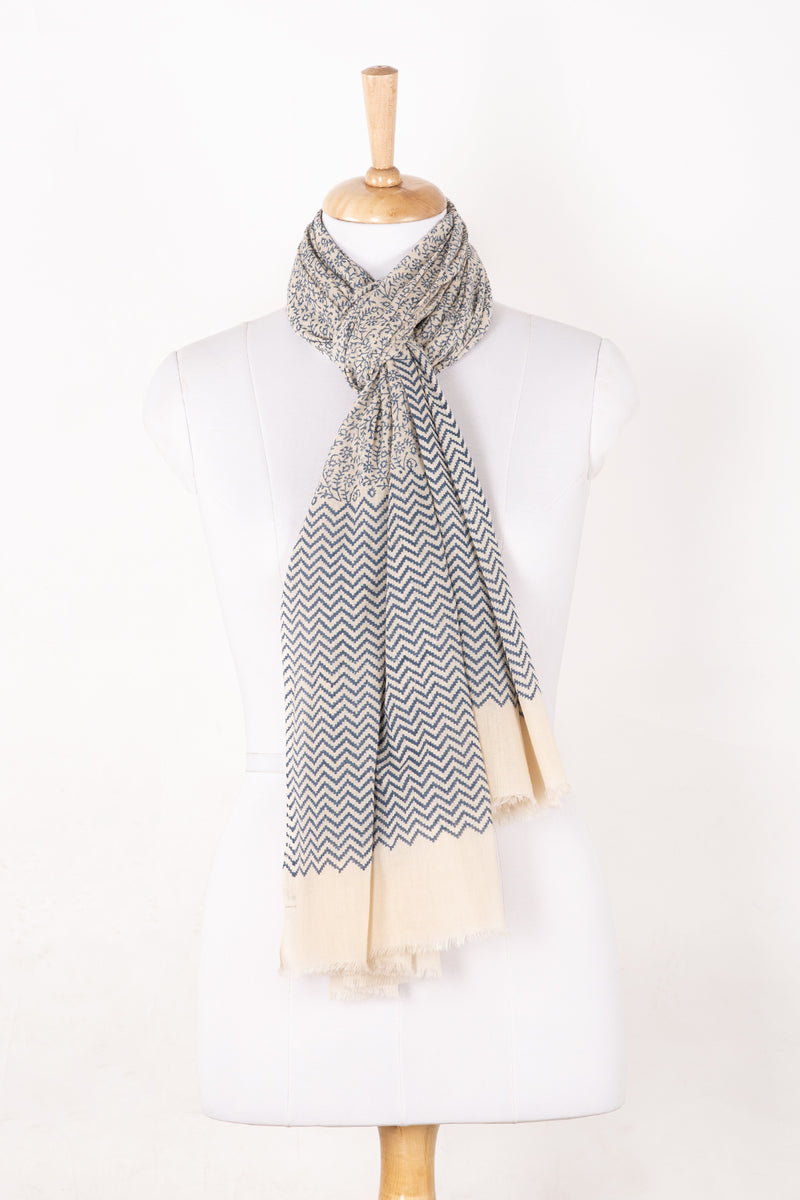 SVEZE Floral and Chevron Print Cotton Scarf - Dark Night Ecru - Regular Drape