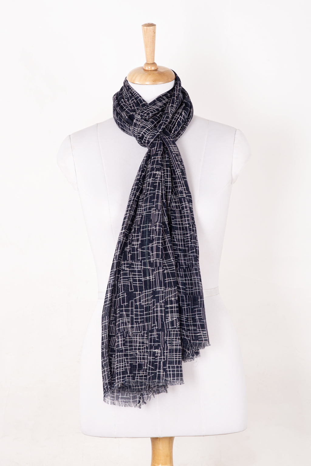 SVEZE Busy Strokes Print Cotton Modal Scarf - Navy - Regular Drape