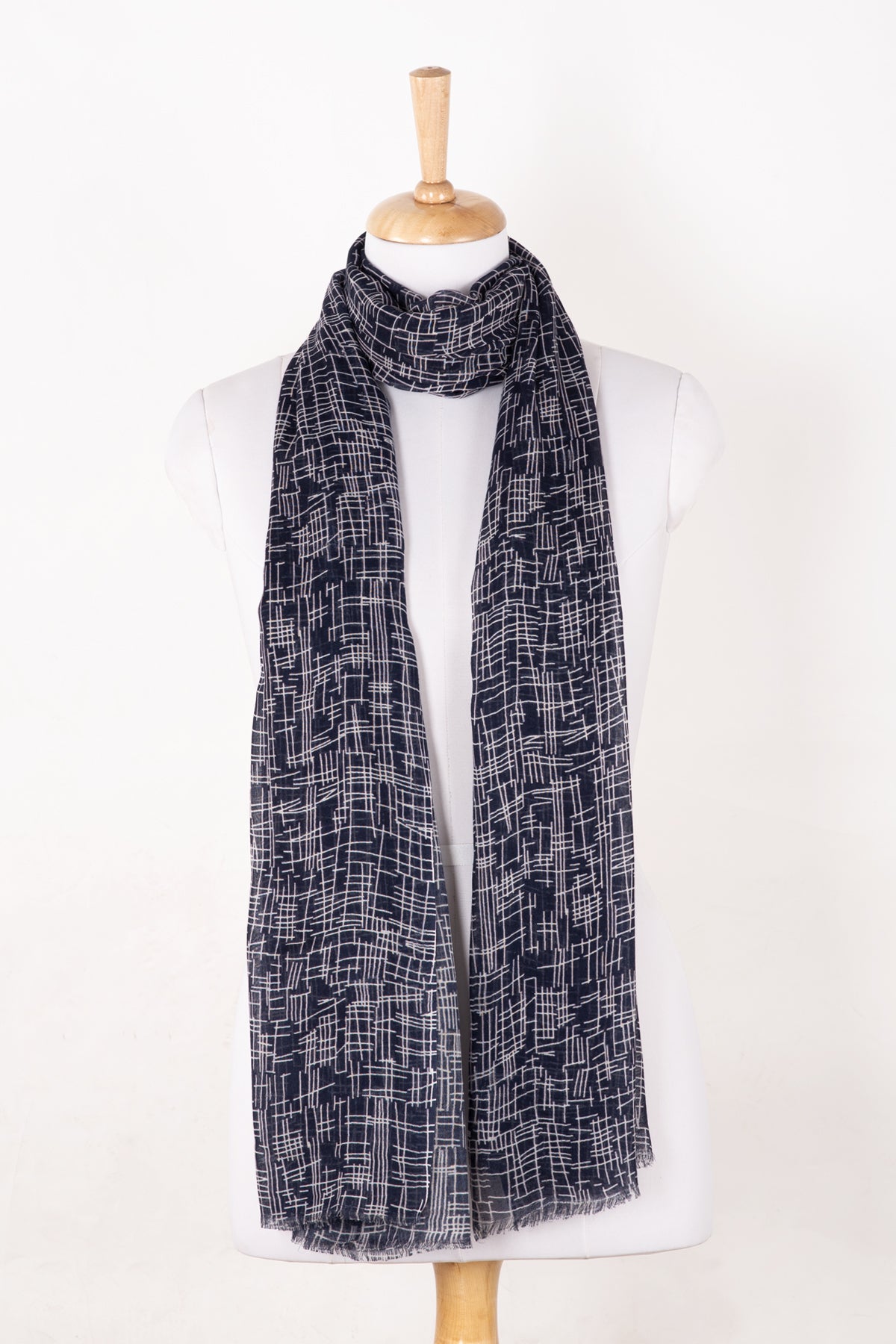 SVEZE Busy Strokes Print Cotton Modal Scarf - Navy - Alternate Drape