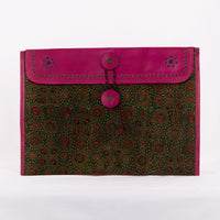 Hand-carved Leather iPad Case with Hand-block Ajrakh Print - Pink Green