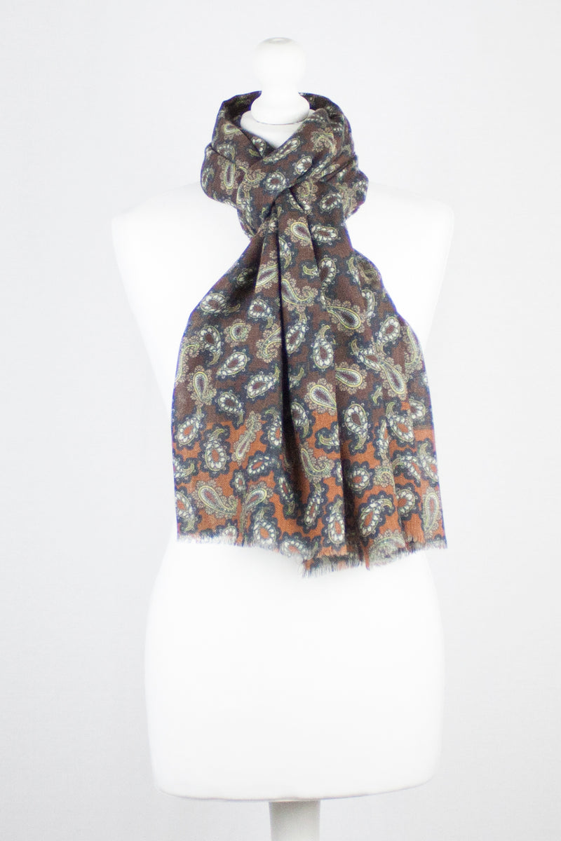 All Over Paisley Print Merino Wool Scarf - Brown Navy