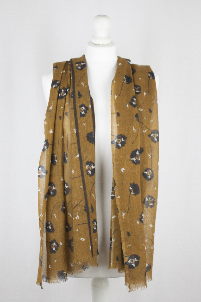 Poppy Flower Merino Wool Scarf - Ochre