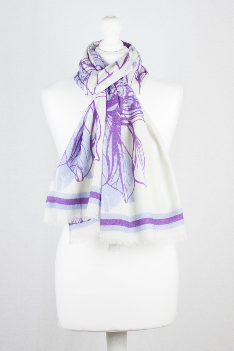 Cynthia Floral Print Merino Wool Scarf - Off White Violet
