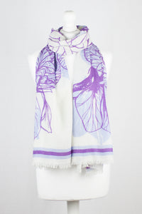 Cynthia Floral Print Merino Wool Scarf - Off White Violet