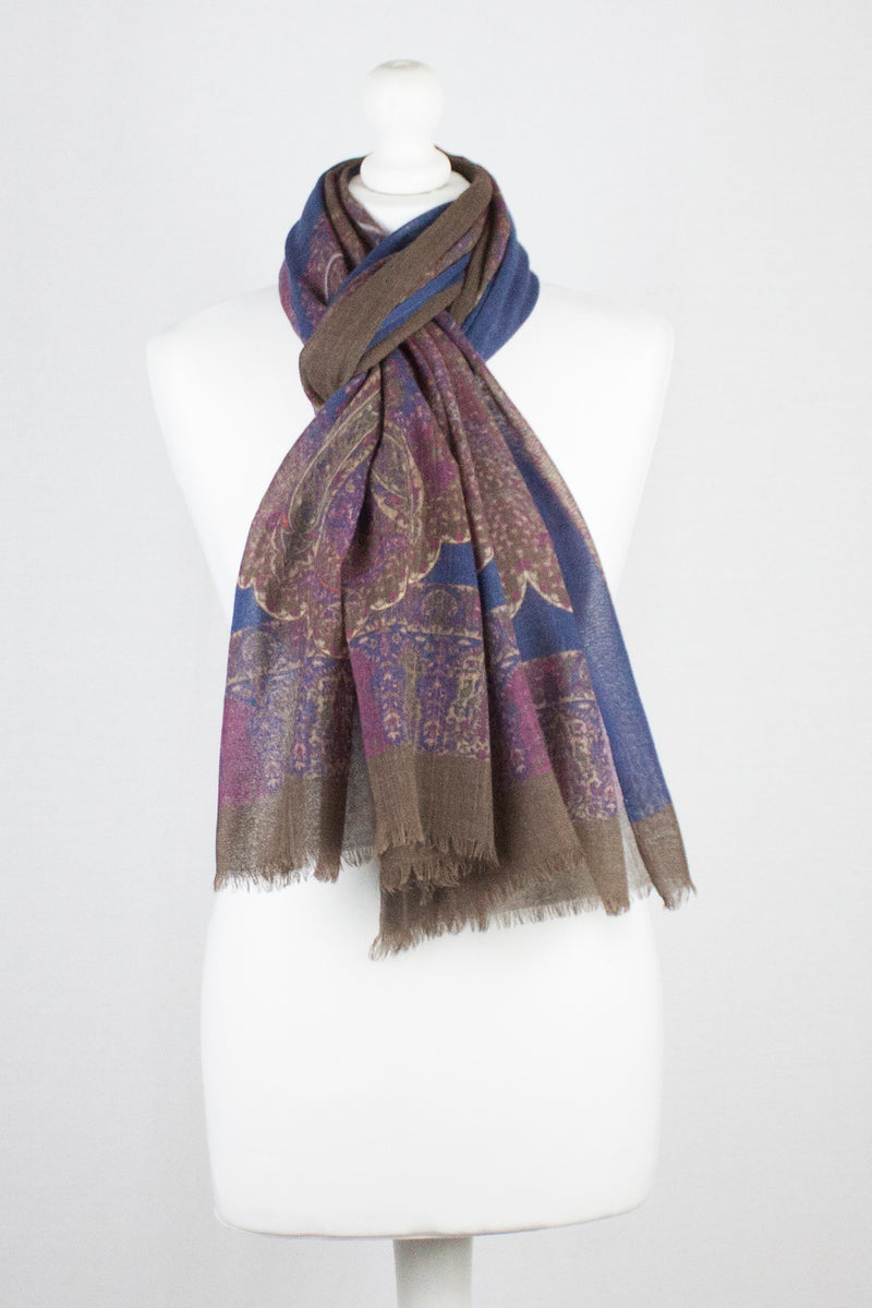 Persian Paisley Print Merino Wool Scarf - Navy Magenta Brown