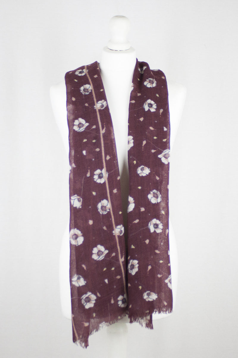 Poppy Flower Merino Wool Scarf - Plum