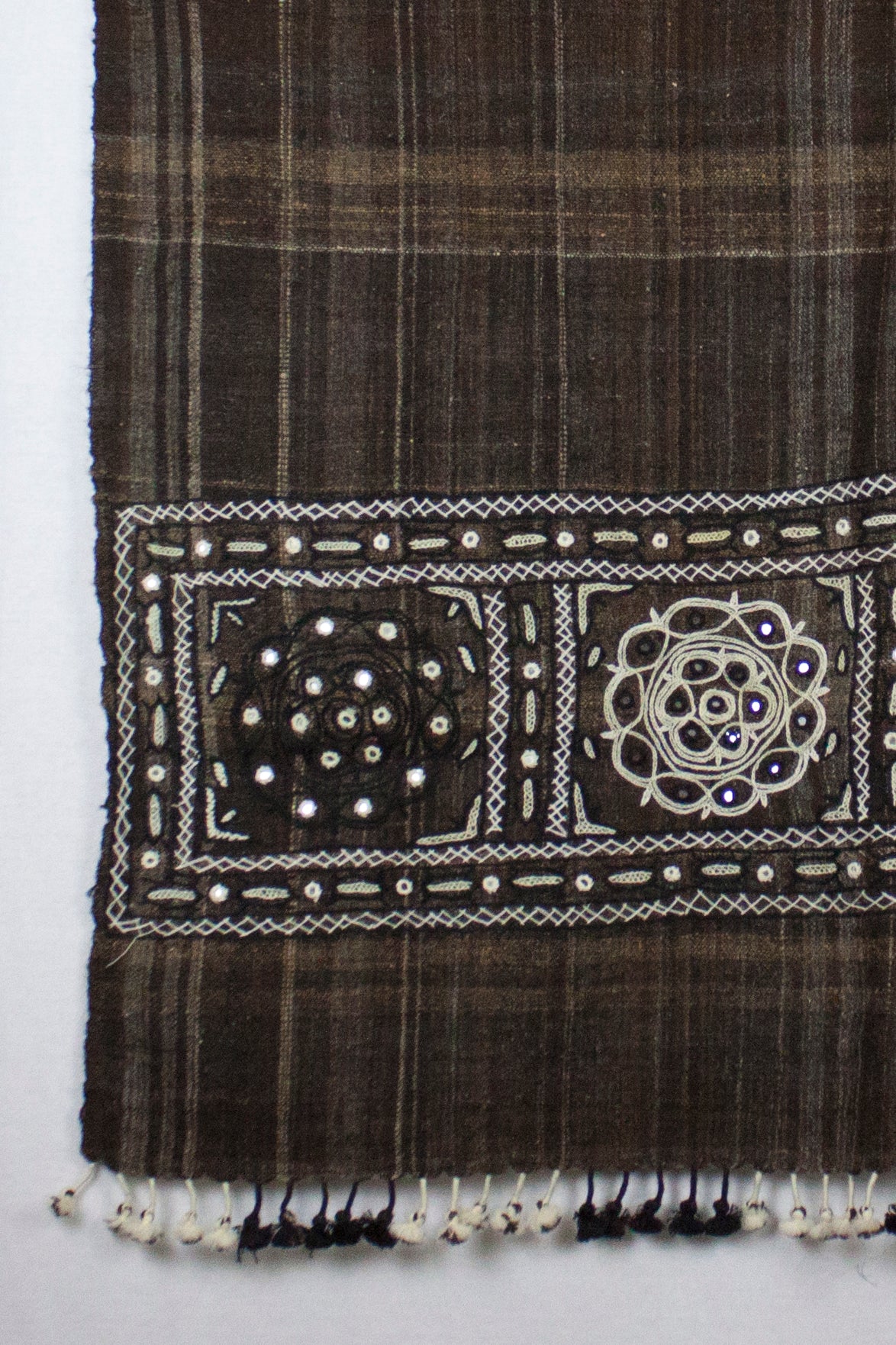 Handspun Handwoven Rabari Embroidered Wool Shawl - Brown