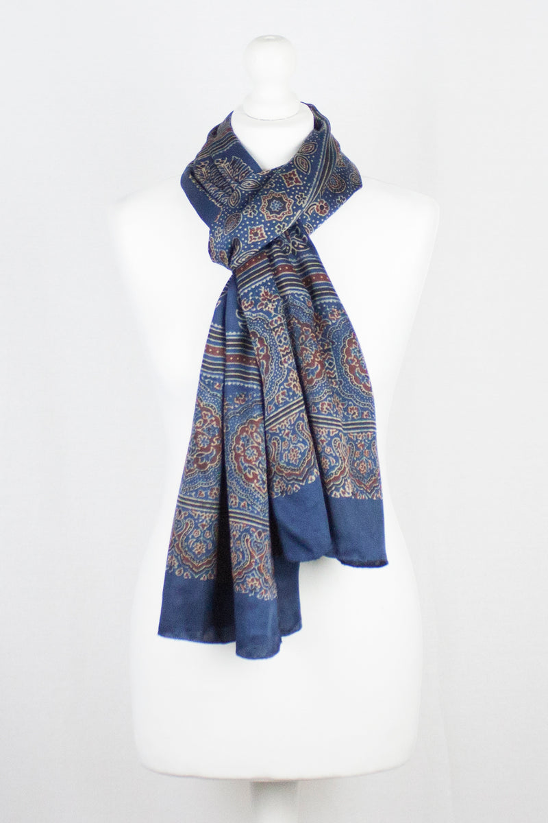 Traditional Geometric & Paisley Ajrakh Block Print Scarf - Blue Red
