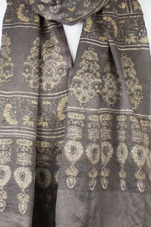 Ditsy Flower Ajrakh Print Silk Scarf - Brown Yellow