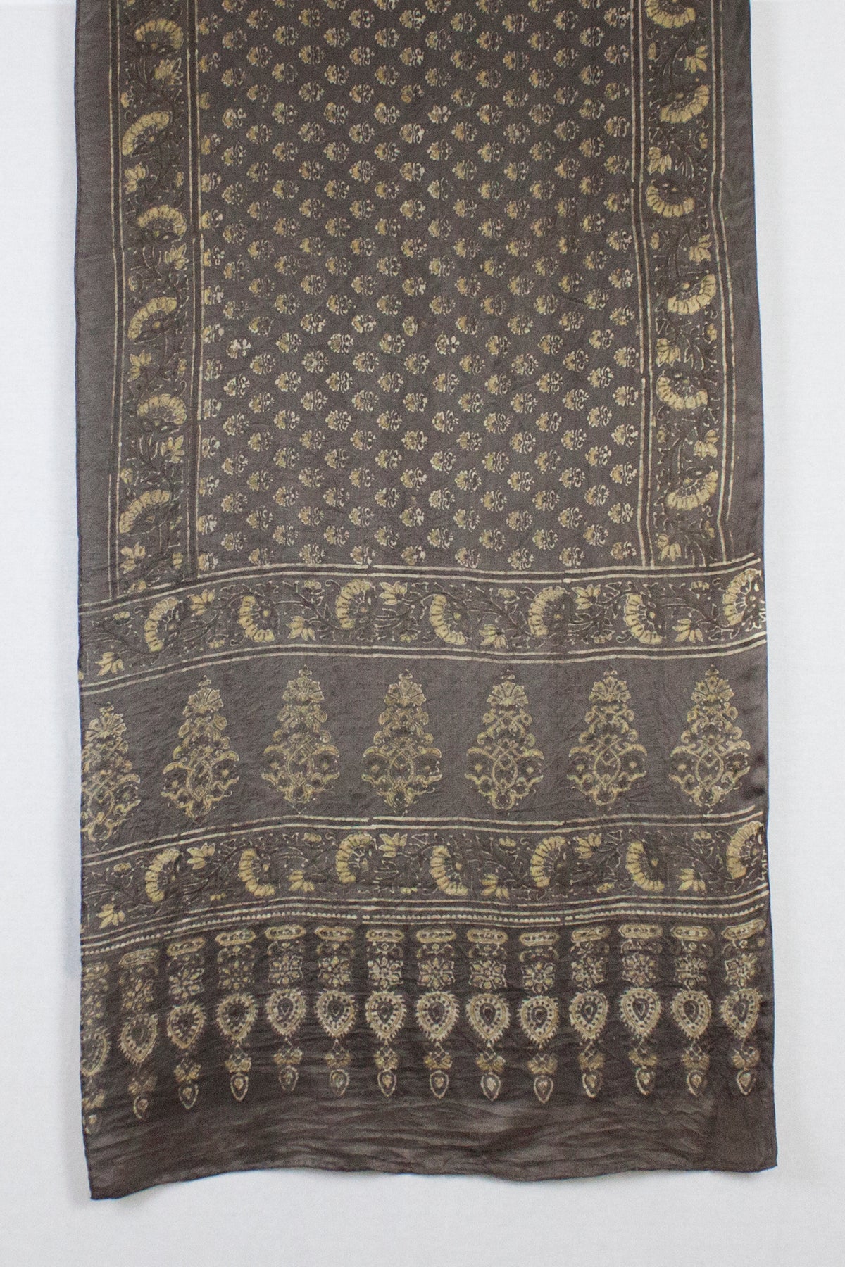 Ditsy Flower Ajrakh Print Silk Scarf - Brown Yellow
