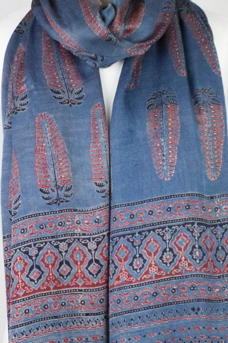 Tree Motif Ajrakh Print Silk Scarf - Blue Red
