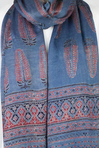 Tree Motif Ajrakh Print Silk Scarf - Blue Red