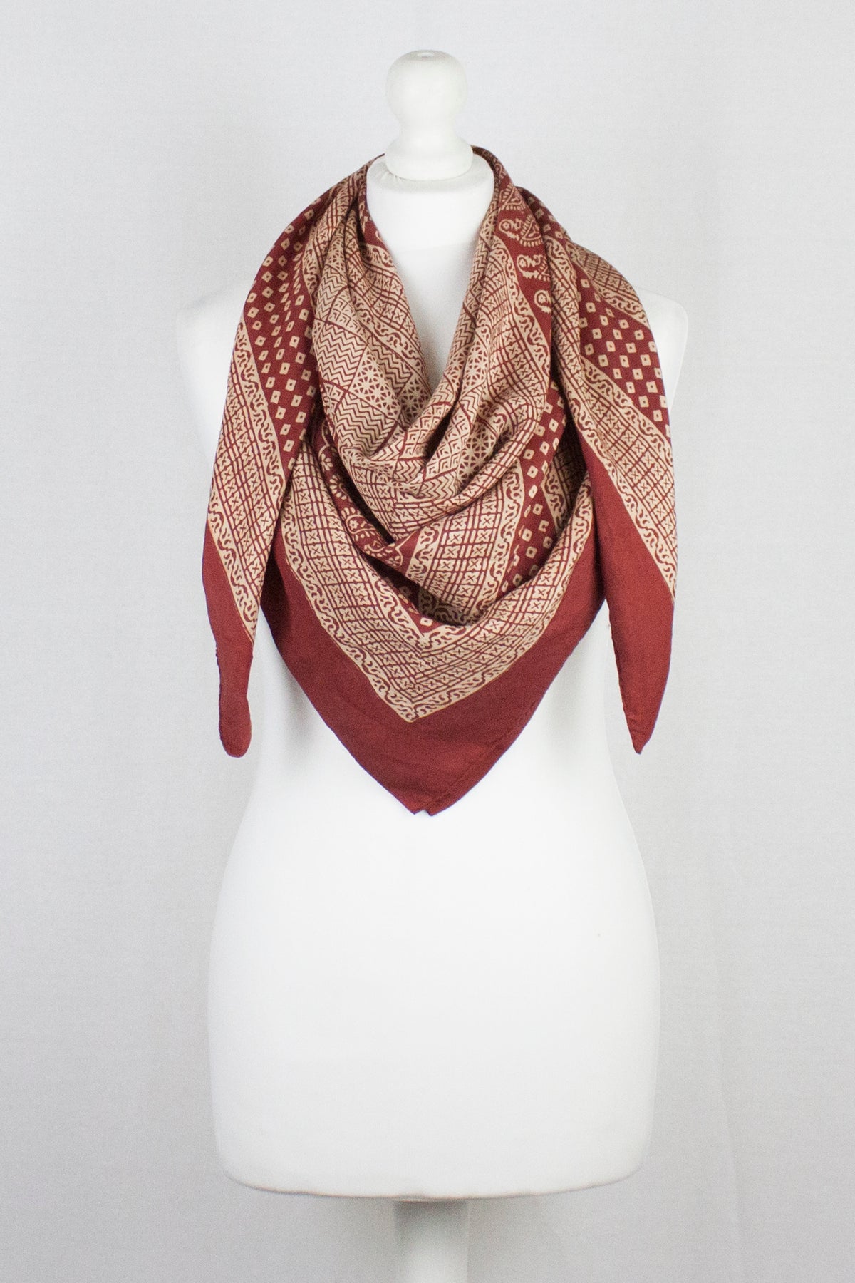 Checks Mix Print Bagh Hand-block Print Silk Square Scarf - Red
