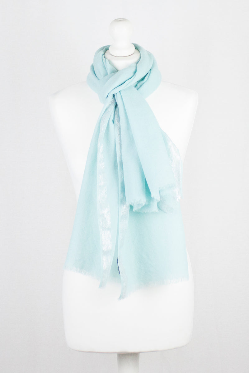 Twill Weave with Silver Lurex Border Merino Wool Scarf - Mint Green