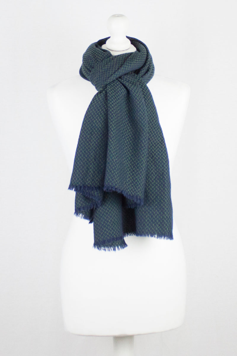 Chevron Weave Two Tone Merino Wool Scarf - Navy Green