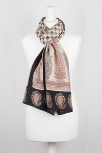 Checks Mesh Bagh Hand-block Print Silk Scarf - Black
