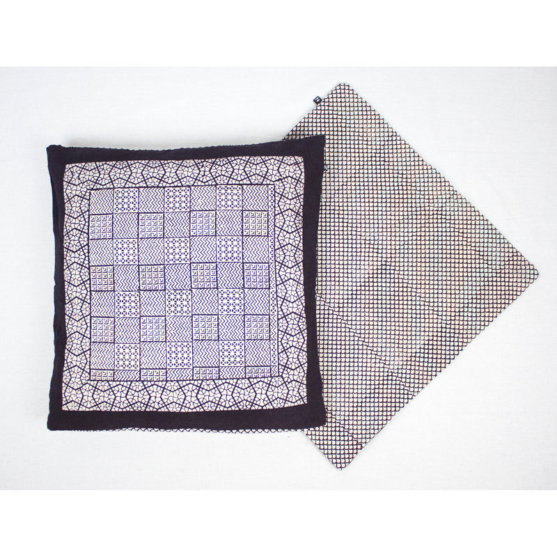 Checks Mix & Seashell Bagh Hand Block Print Cotton Cushion Cover - White Black