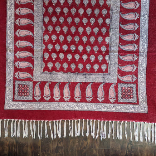 Traditional Paisley Jaal & Border Hand-block Print Rug - Red White