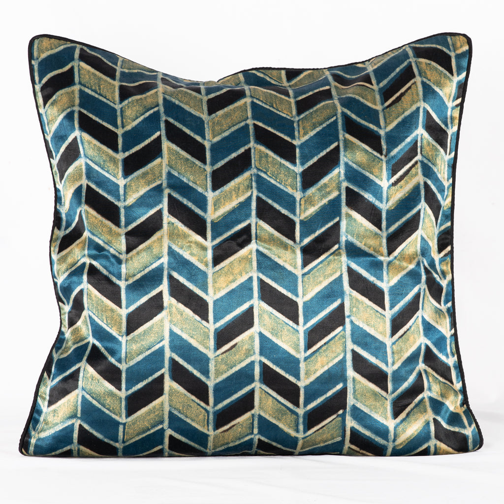 SVEZE Geometric Chevron Hand Block Print Mashru Silk Cushion Cover - Blue Black