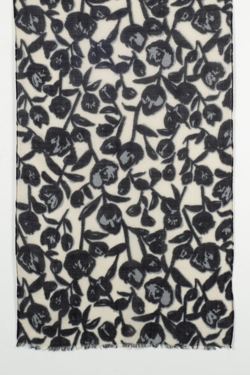 Buds and Flowers Merino Wool Scarf - Black White