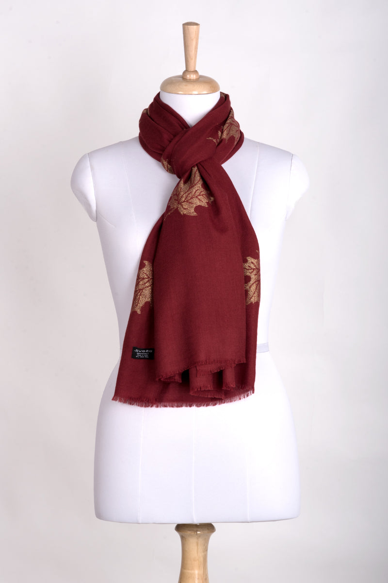 Gold Maple Leaf Cashmere Wool Scarf - Crimson