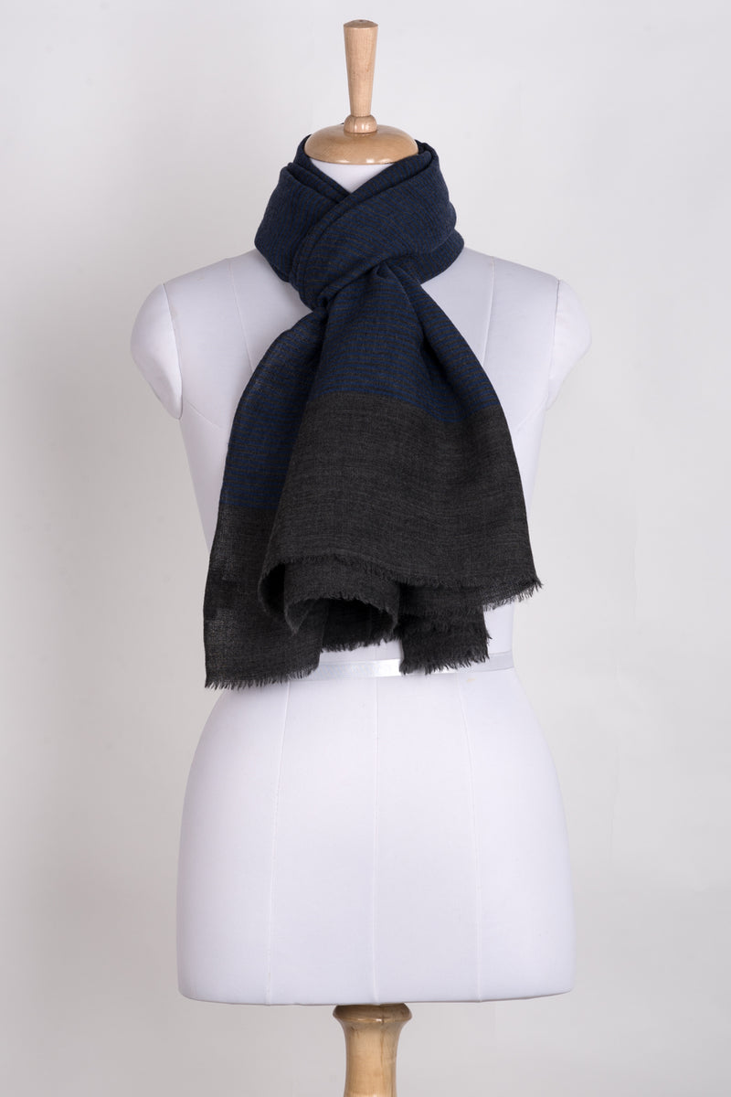 Pinstripes with Border Merino Wool Scarf - Blue Grey