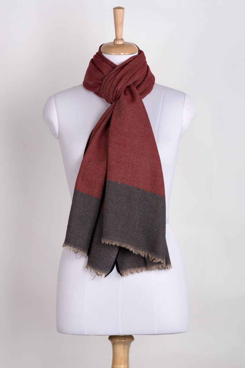 Twill Weave Two Tone Merino Wool Scarf - Red Navy